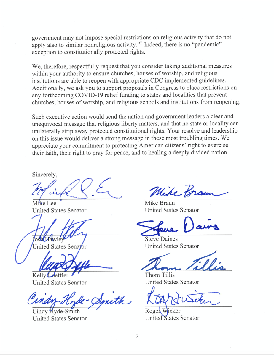 SenatorLankford's tweet photo. There is no pandemic exception to constitutionally protected rights.
 
Yesterday,I joined my colleagues in asking @realDonaldTrump to take additional measures to ensure houses of worship can safely reopen w/ appropriate guidelines like theaters &amp; casinos. Read the letter below👇 https://t.co/iRgjNckVuD