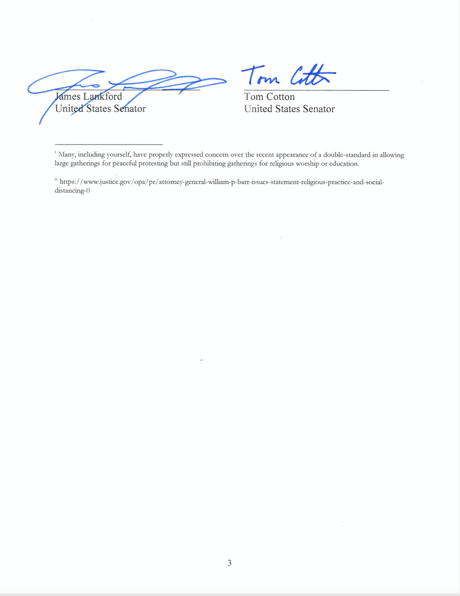 SenatorLankford's tweet photo. There is no pandemic exception to constitutionally protected rights.
 
Yesterday,I joined my colleagues in asking @realDonaldTrump to take additional measures to ensure houses of worship can safely reopen w/ appropriate guidelines like theaters &amp; casinos. Read the letter below👇 https://t.co/iRgjNckVuD