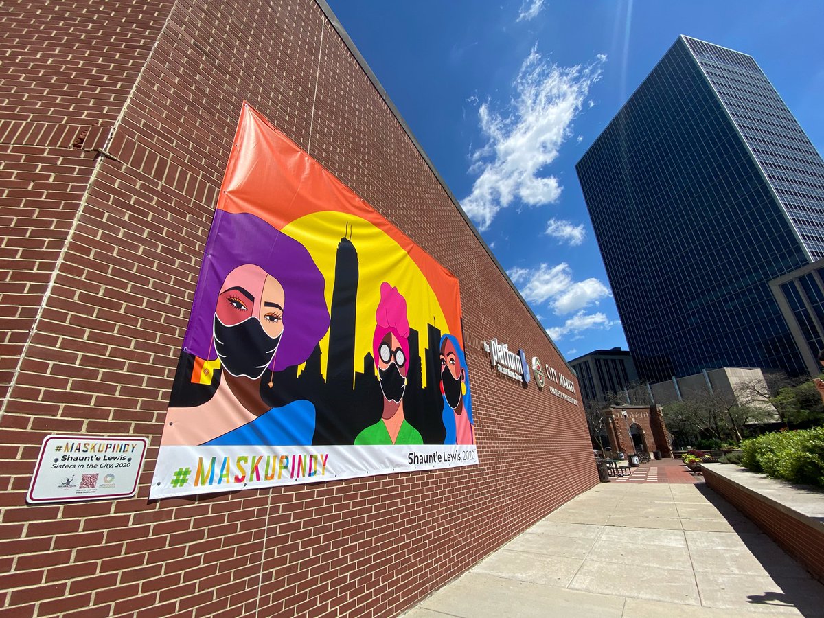 IndyMayorJoe's tweet photo. The #MaskUpIndy signs are going up around Indianapolis featuring artwork by local artists including Shaunt’e Lewis and Israel Solomon. Whether you’re supporting local businesses, going for a walk along the canal, or picking up dinner, don’t forget to #MaskUpIndy. https://t.co/VrD25ssi3L