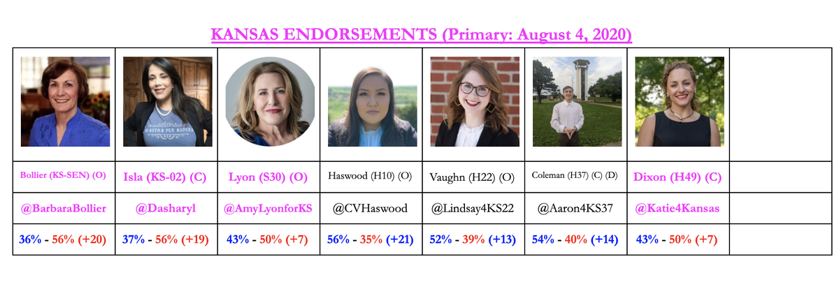 JOLPOLitico's tweet photo. Next Tues. (8/4) is #KSPrimary! #GOTV #VOTE #JOULPACEndorsed Champions of #Justice, #Opportunity &amp; #Liberty: #Kansas #JOULPAC #Election2020
🗳️ #Congress #House: #KSSEN: @BarbaraBollier; #KS02: 
@Dasharyl! 
🗳️#KSlegis #KSlege: #SD30: @amylyonforks; #HD10: 
@cvhaswood! 🌊 https://t.co/pNISE28MGj