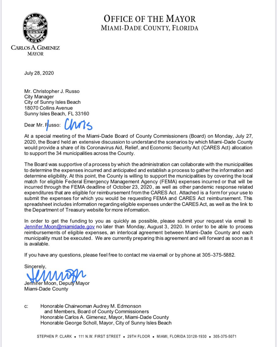 CBoomerVazquez's tweet photo. Take a look at the attached. It is a view of the letter @MiamiDadeCounty Deputy Mayor Jennifer Moon explained was sent to cities this morning along with a companion #template #spreadsheet for #covid19 expenses that need to be submitted to the county by Monday. https://t.co/orc6iBi7xh