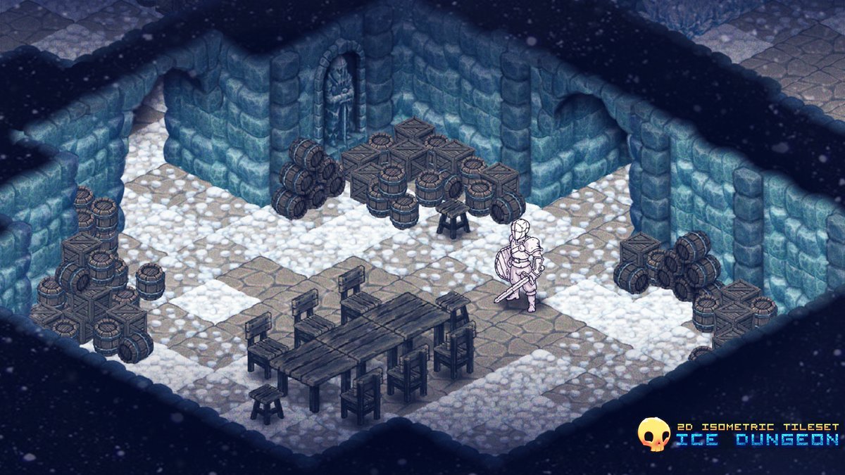 _GoldenSkullArt's tweet photo. Wrapping up the ice dungeon tileset with some example scenes.

Can't believe I started this in January...jeesus 🤯 
I did travel to South-America inbetween, but still...

So many iterations and groundwork for the next tilesets tho.

#madewithunity #tileset #isometric #indiedev https://t.co/VEgUMRjtxO