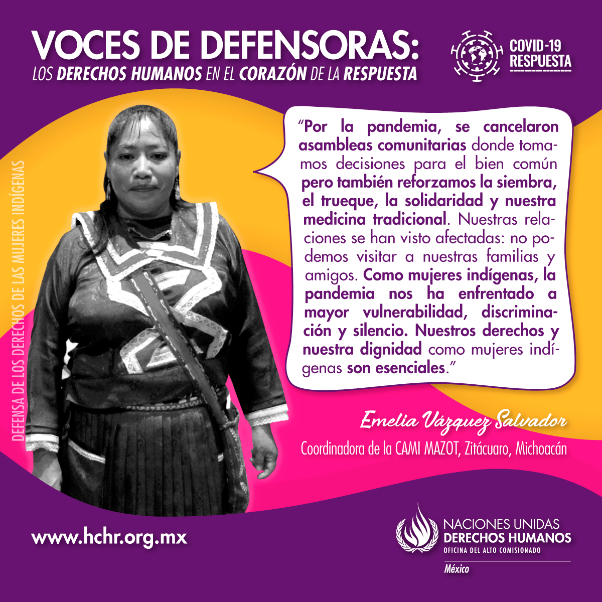 ONUDHmexico's tweet photo. Emelia Vázquez es coordinadora de la CAMI MAZOT en Zitácuaro, Michoacán, su voz representa a las mujeres indígenas, quienes han enfrentado la pandemia con solidaridad, pero también se encuentran en una situación de mayor vulnerabilidad.
#VocesDeDefensoras #ONUMxCovid19 https://t.co/oEAESozn2e