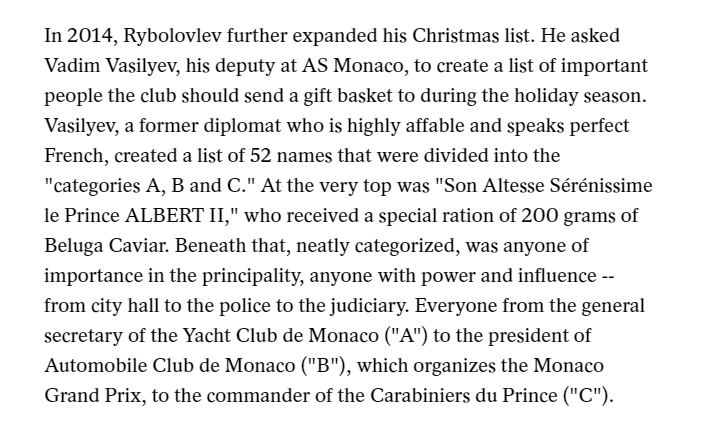 Rybolovlev instructed Vadim Vasilyev, deputy at AS Monaco to create a list of important people the club should send a “gift basket” to during the holiday season. Vasilyev, ... created a list of 52 names that were divided into the "categories A, B and C."