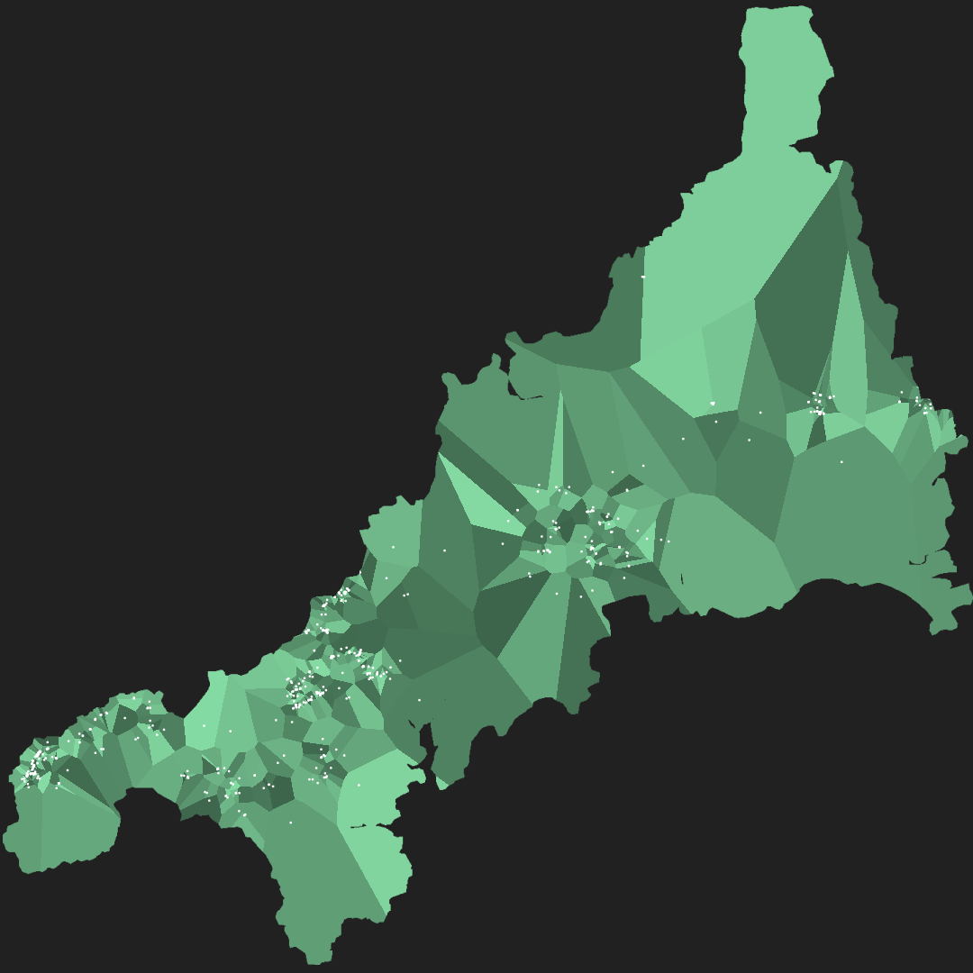 AlexCarter_Dev's tweet image. No clue why this inspired me to use my evening for this... I made a map displaying the location of the closest engine house to any place in Cornwall. Insane how many are around Redruth and Camborne. Generated from this dataset bit.ly/2X7nRCa #creativecoding #processing