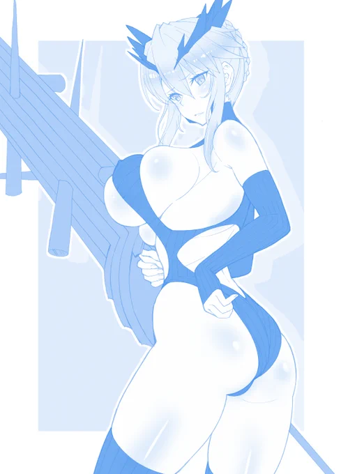 視線に気が付きジト目でにらむ黒乳上rkgk 本日の進捗。#今日のらくがき 