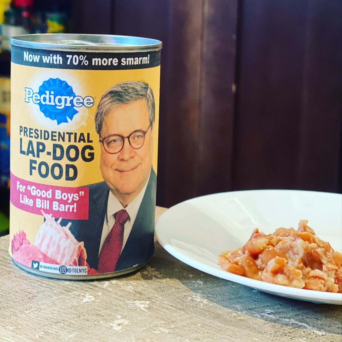 TheGoodLiars's tweet image. Bill Barr’s Presidential Lap Dog Food.