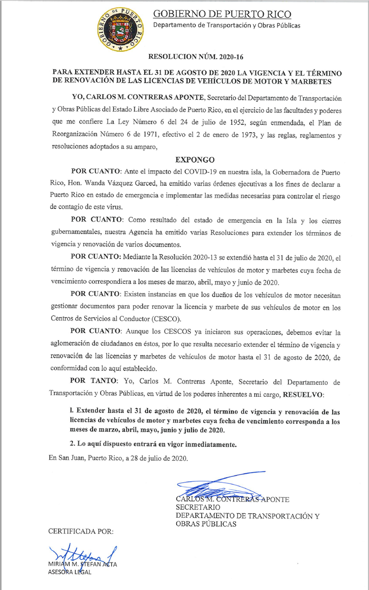 DTOP's tweet photo. AVISO IMPORTANTE

El secretario @contreraspr ha emitido la Resolución 2020-16 para extender hasta el 31 DE AGOSTO la vigencia de los marbetes vencidos entre marzo y julio de este año. Ciudadanos con marbetes vencidos en este período tendrán un mes adicional para renovar. https://t.co/XdzVYuoWB5