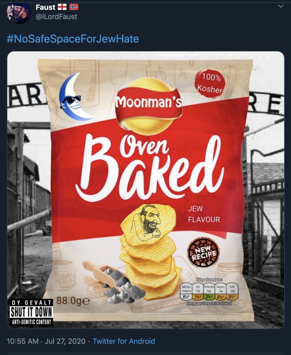And perhaps the most disgusting, most egregious example of anti-Semitism that I have seen yet is this one. A bag of "oven baked" chips with a stereotypical shyster Jew, a scoop full of piles of ashes, and the backdrop is the gates of Auschwitz.This tweet is still up.
