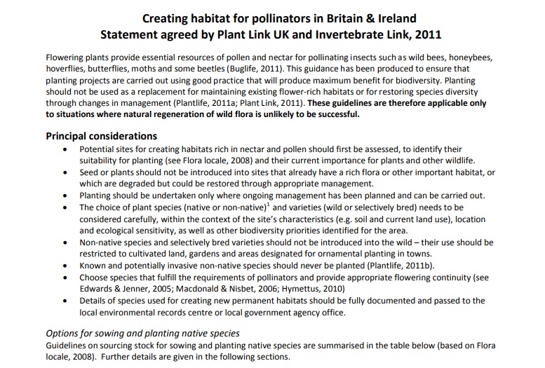 6/n Followed by a link to this document:  https://cieem.net/wp-content/uploads/2019/07/Planting-For-Pollinators-Statement-2011.pdf. This statement agreed by PLINK and Invertebrate LINK, 2 groups of conservation organisations is interesting on several points.