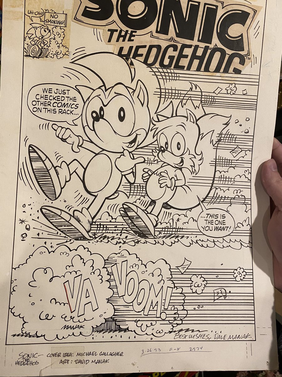 @thatsmytrunks Nothing rare and cool gaming-wise, but tangentially gaming-related: 
- A page from Sonic the Hedgehog #0 (first in-story appearance of Sally, Tails, and Rotor)
- Original cover art to Sonic the Hedgehog #3
- Color separations proofs of Sonic #1 