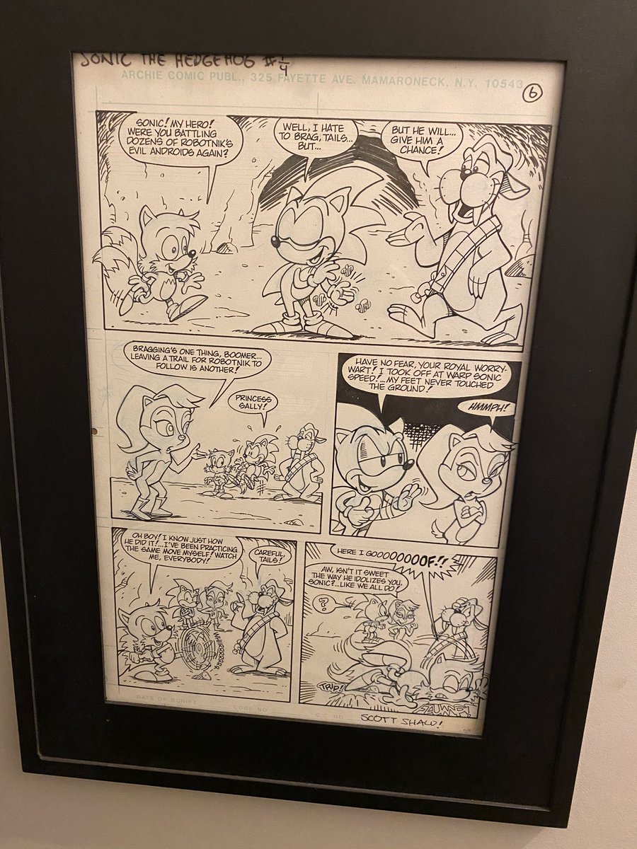 @thatsmytrunks Nothing rare and cool gaming-wise, but tangentially gaming-related: 
- A page from Sonic the Hedgehog #0 (first in-story appearance of Sally, Tails, and Rotor)
- Original cover art to Sonic the Hedgehog #3
- Color separations proofs of Sonic #1 
