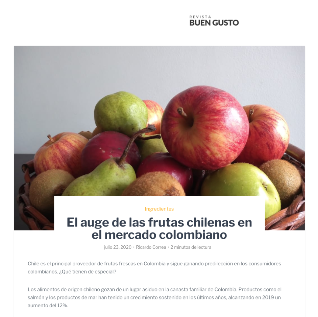 prochileco's tweet photo. #Chile es el principal proveedor de frutas frescas en #Colombia y sigue ganando predilección en los consumidores colombianos. ¿Qué tienen de especial Revisa la nota: que hizo @BuenGustoCo sobre nuestra campaña #NosGustaLaFruta junto a #Asifrut. Aquí: https://t.co/kO3DbwxQzx https://t.co/iUW4mOqTud