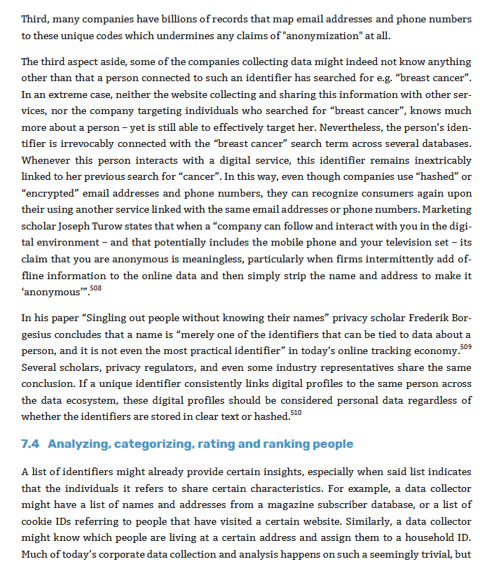 But in many cases it's as simple as I described it above.Sharing/matching personal data by converting email addresses into hashed pseudonymous identifiers across companies is just: sharing/matching personal data.I wrote about this here (from p. 69): https://crackedlabs.org/dl/CrackedLabs_Christl_CorporateSurveillance.pdf