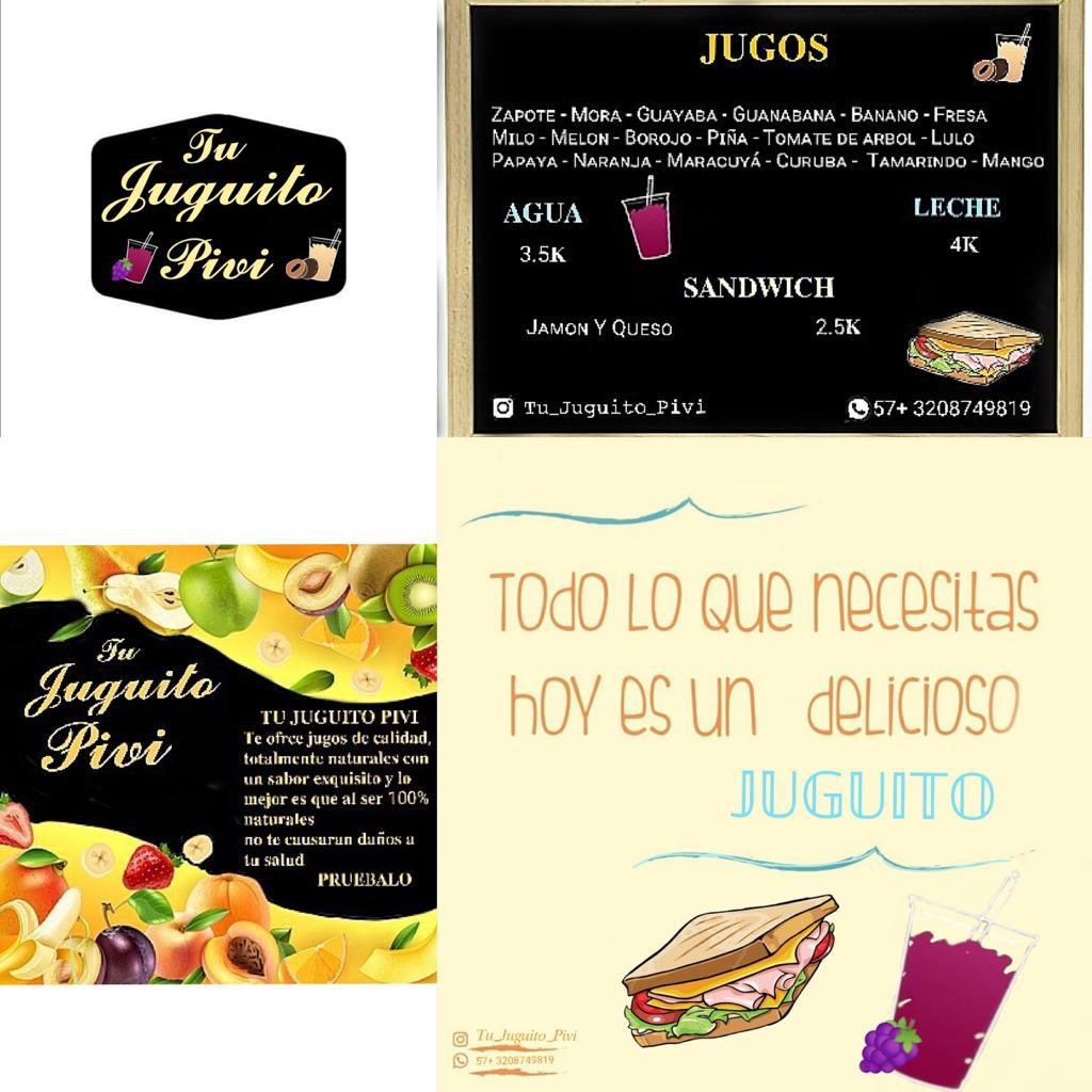 🍓🍹🍞Tu Juguito Pivi 🍓🍹🍞
No te quedes sin probar nuestros refrescantes jugos de pura fruta 🍌🍍🍓🍹 y deliciosos sandwich 🥐🍞. Pídelo ya!!
📱 📞 🛵 Cualquier información al WhatsApp 3208749819 📱
💥INSTAGRAM 👇
instagram.com/tu_juguito_piv…

#ElProvinciano