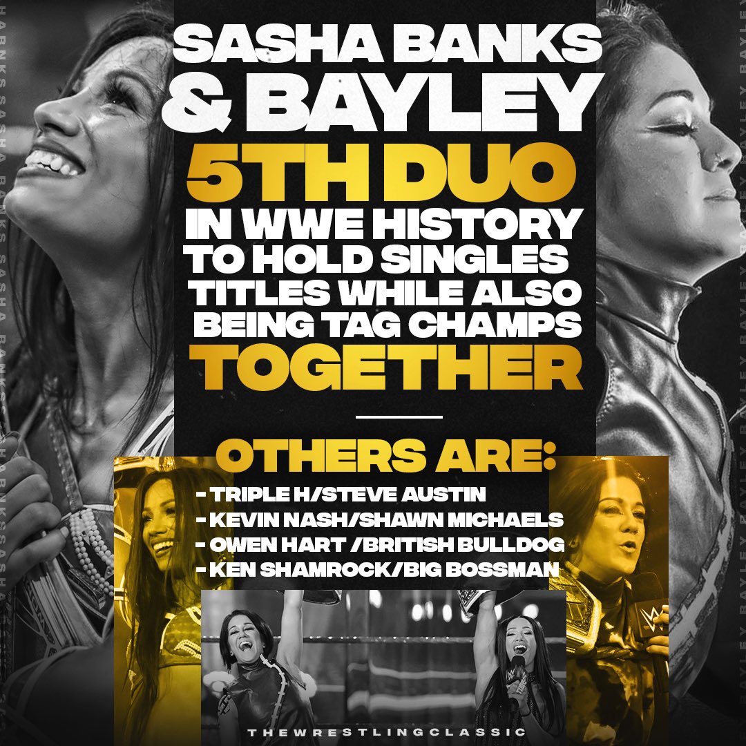 twcworldwide's tweet photo. Congratulations to @sashabankswwe and @itsmebayley for being the FIRST EVER women to make this unique list. 👀💯🔥 #RoleModels #TwoWomanPowerTrip #BayleyDosStraps #2BeltBanks #SashaBanks #Bayley https://t.co/unR8efL32n