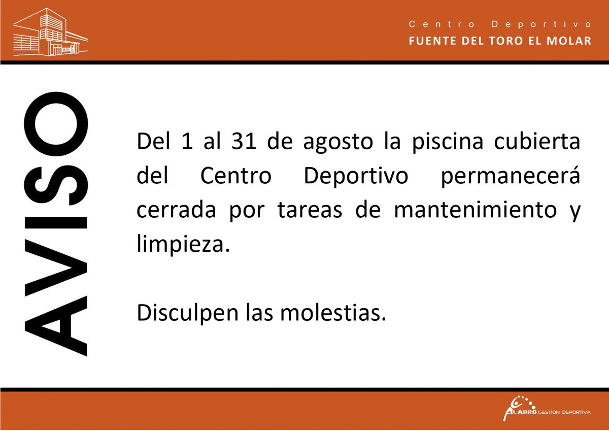 cdfuentedeltoro's tweet photo. Aviso
Este viernes cerramos nuestra piscina cubierta para tareas de mantenimiento y limpieza 🔧🔨🧻 🧼 
La piscina de verano sigue abierta hasta 6️⃣ de Septiembre para 🏊🏻‍♀️ y 💦 
#piscinas #verano #cdelmolar #lidersport https://t.co/4q6nUoWWIh