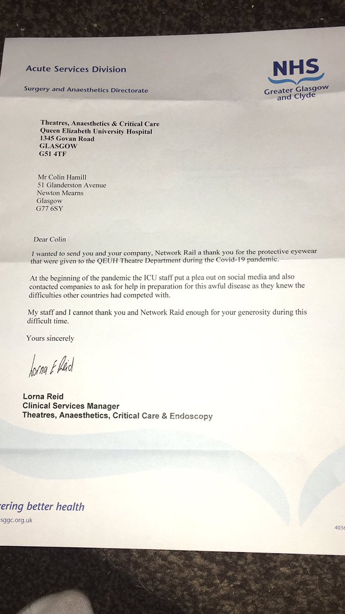 ColinHamill2's tweet photo. Thank you to @Qeuhtheatres and @biggav13  for my thank you letter for the donation of PPE from @NetworkRailSCOT @AlexHynes for the adult theatres at the QEUH. We were more than happy to help during the height of the COVID pandemic @hamilllorraine 😷🏨 https://t.co/eimOjWUxe0