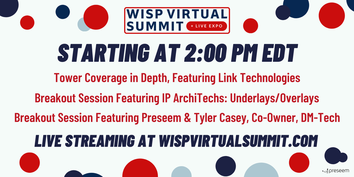 preseem's tweet image. Another round of breakout sessions is starting at the #WISPVirtualSummit! Join to see presentations from @preseem, @IPArchiTechs, and Link Technologies!

Access the WISP Virtual Summit or buy your ticket by going to hubs.ly/H0s-L5d0

#WISPVIRTUALSUMMIT2020 #Preseem #WISPA