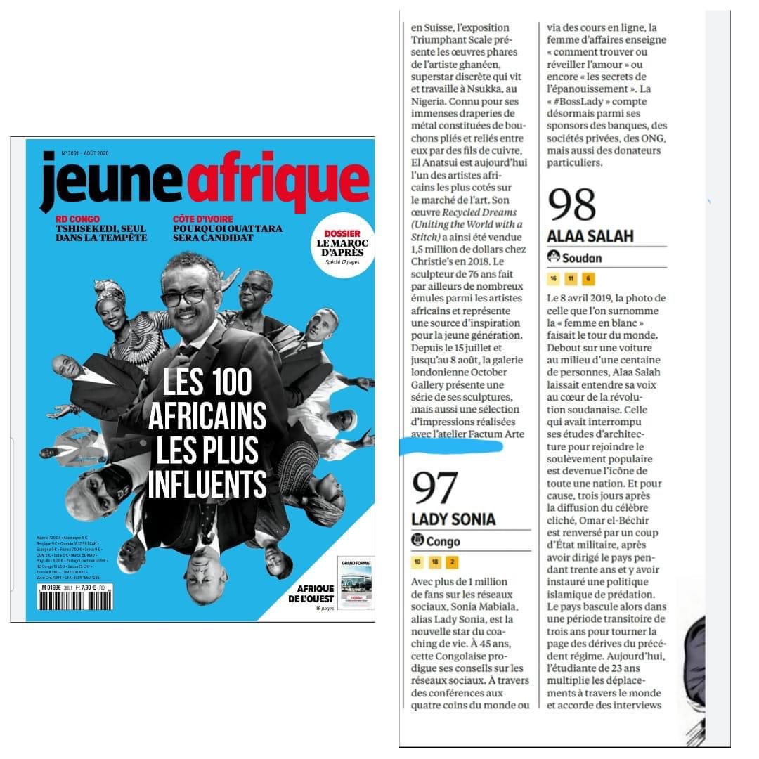 ladysoniaM's tweet photo. Depuis hier les félicitations 🎊🎉de plusieurs autorités politiques👏🏾, d'artistes et de milliers d’abonnés 🥳ne font que pleuvoir 💃🏽suite à la nomination de #LadySONIA dans le classement de @jeune_afrique  "DES 100 PERSONALITÉS LES PLUS INFLUENTES D'AFRIQUE". 
#AwardNominated https://t.co/Kj03qpZfE5