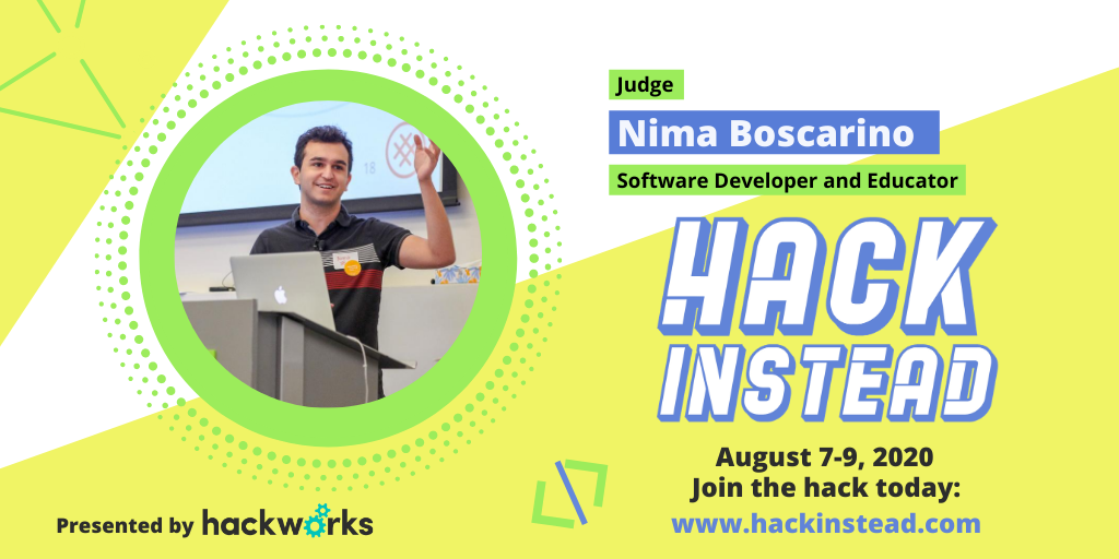 HackworksInc's tweet photo. ✨Judge Announcement✨
We are delighted to announce @NimaBoscarino as a judge at the #hackinstead #hackathon! #Students and new grads put your skills and ideas into solutions while competing for $3,000+ in prizes! Join now https://t.co/QMslgv5QIO https://t.co/1MojjSSYS9