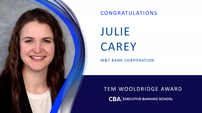 ConsumerBankers's tweet photo. Congratulations to all 59 CBA #ExecutiveBankingSchool graduates &amp; especially Julie Carey @MandT_Bank for being named the 2020 Tem Wooldridge Award recipient for outstanding academic performance, integrity &amp; leadership! #EBS2020 https://t.co/ETsZUAZJ7L
