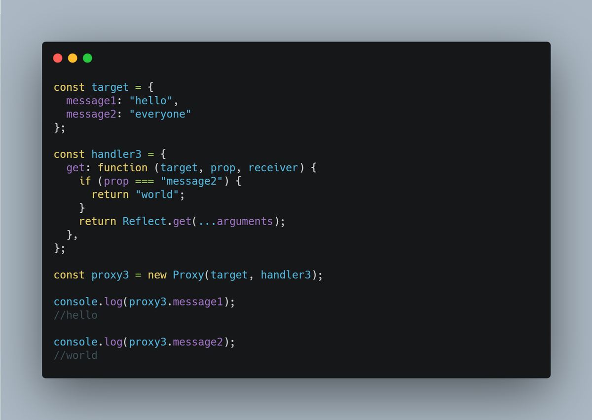 frontend_fox's tweet photo. Day 88 of the #100DaysOfCode challenge.
The basic implementation of Proxy in javascript.
A Proxy is created with two parameters:
1)target
2)handler
#javascript #reactjs #FrontEnd #womenintech #WomenWhoCode https://t.co/ZixWsWULc6