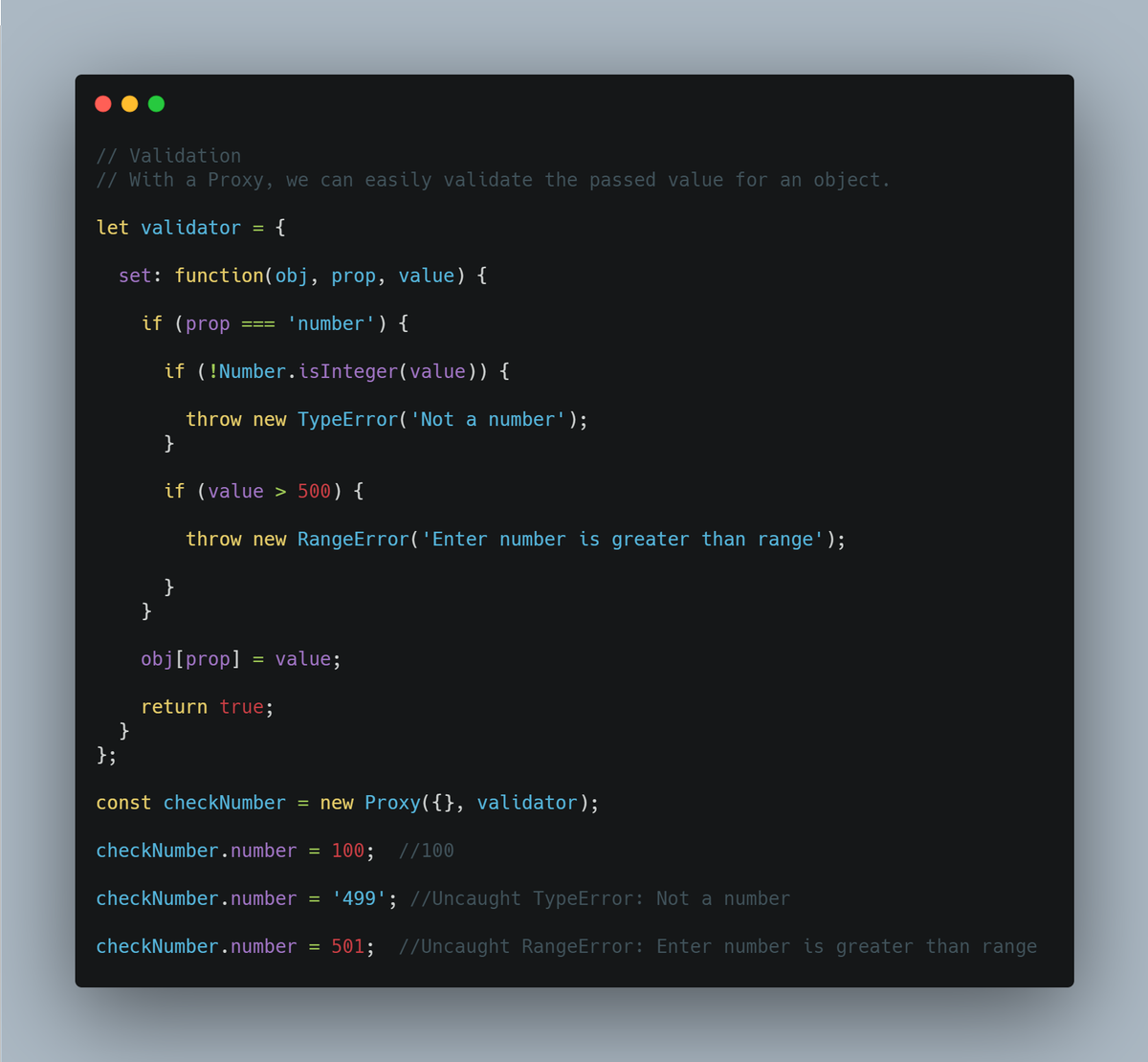 frontend_fox's tweet photo. Day 88 of the #100DaysOfCode challenge.
The basic implementation of Proxy in javascript.
A Proxy is created with two parameters:
1)target
2)handler
#javascript #reactjs #FrontEnd #womenintech #WomenWhoCode https://t.co/ZixWsWULc6