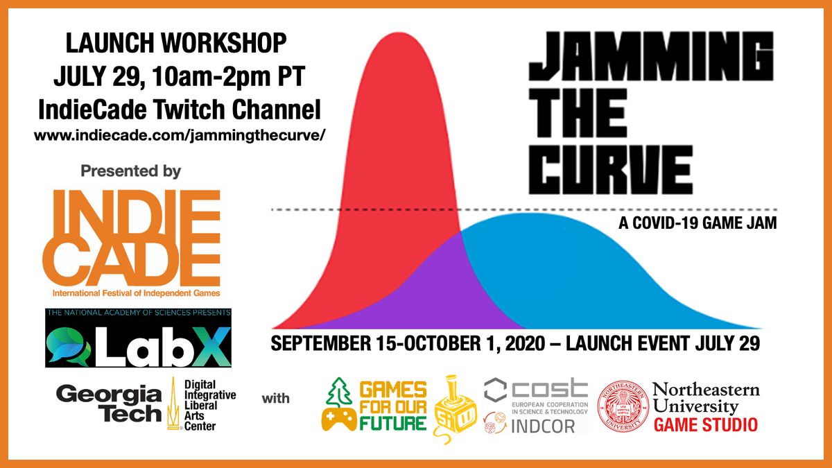 IndieCade's tweet photo. Indiecade's #JAMMINGTHECURVE, a COVID-19 Game Jam, is kicking off with a free Twitch workshop tomorrow from 10am-2pm PDT in preparation for our September jam. Hosted alongside our fantastic partners: @labxNAS @DILAC_GT @EarthGamesUW @seattleindies  @COST_INDCOR @NU_CAMD ! 😁 https://t.co/oXJp02ionr