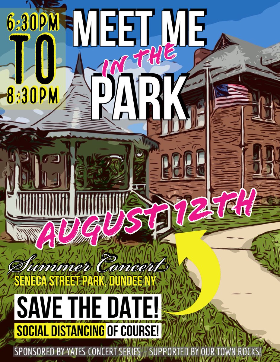 OurTownRocks's tweet photo. We are happy to announce that the Yates Summer Concert Series is bringing music to Dundee. Our Town Rock is very pleased to support their efforts.  More info to come…but in the meantime…SAVE THE DATE…August 12th 6:30 – 8:30 in Seneca St. Park. #ourtownrocks #yatessummerconcert https://t.co/9iinD44qZu