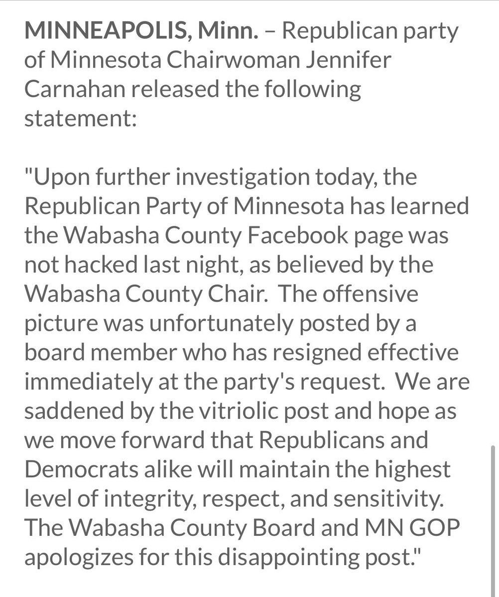 Stowydad's tweet photo. Latest on Wabasha County GOP Facebook page. New @jkcarnah statement says there was no hack and the person who posted has resigned from a party position. https://t.co/vEZTM9TKeH