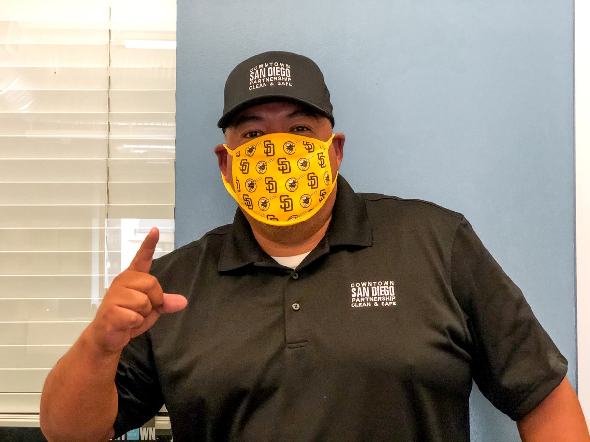 SDPartnership's tweet photo. Member swag alert! Shout out to the @Padres for hooking our Clean &amp; Safe team up with these new face coverings. Just in time for the season! Who else is rocking a Padres mask? #BrownIsBack https://t.co/arW6qbKQik