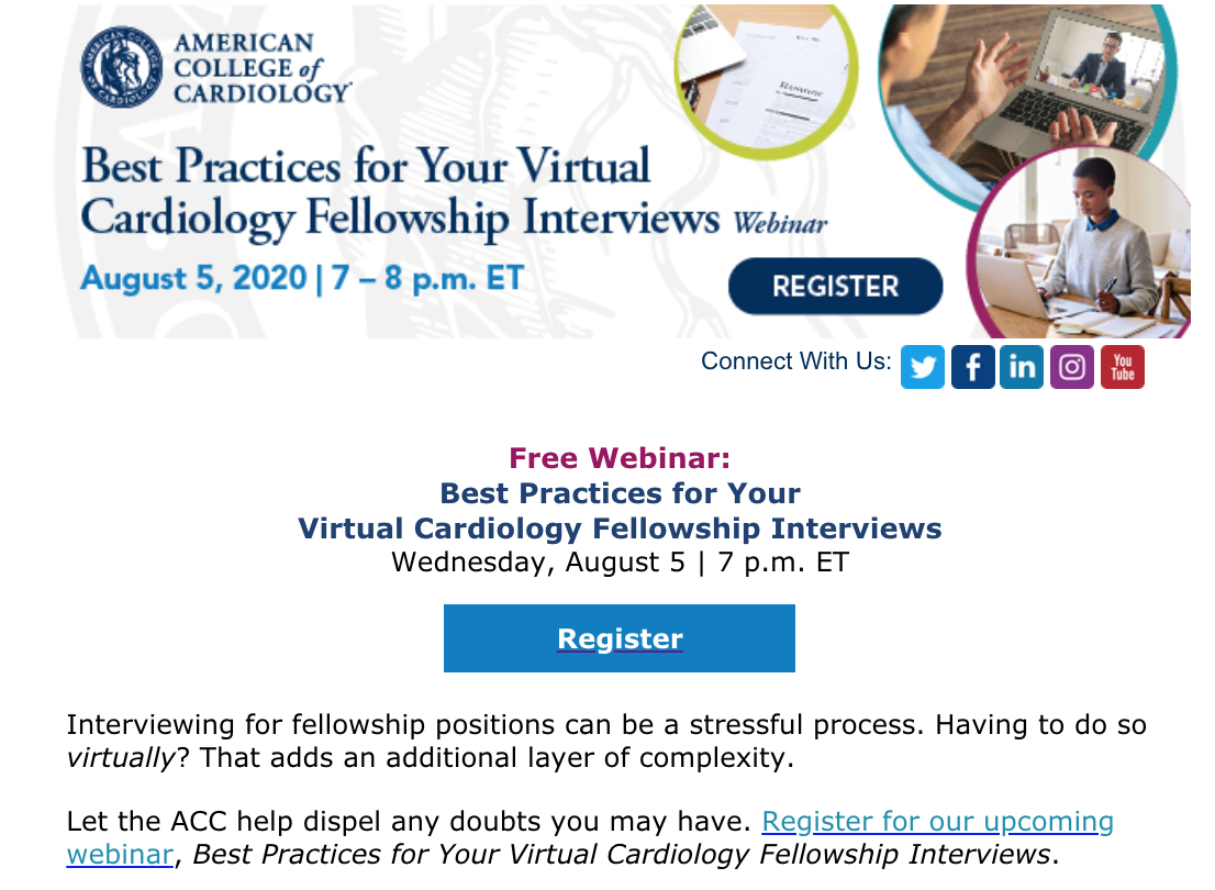 noshreza's tweet photo. Nervous about virtual #cardiology fellowship interviews?

Join us for 👇🏽 #ACCFIT Webinar *8/5 @ 7p ET*

@docbfreed @DrSheilaSahni &amp; Cari Harland will share tips on preparing &amp; performing

Register: https://t.co/DpuoTEwin3

Spread the word to your #MedTwitter IM trainees! https://t.co/JvNtBvoJvi