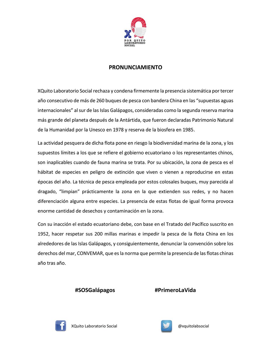 xquitolabsocial's tweet photo. 📣 #Pronunciamiento | #XQuito rechaza la presencia de #FlotaChina 🇨🇳 poniendo en riesgo la biodiversidad de #Galápagos declarado por @UNESCO #PatrimonioNatural de la Humanidad 🦈🐠🐋
El gobierno 🇪🇨 en su inacción debe denunciar la #Convemar @CancilleriaEc @parquegalapagos @WWF https://t.co/7dQHZuJLw3