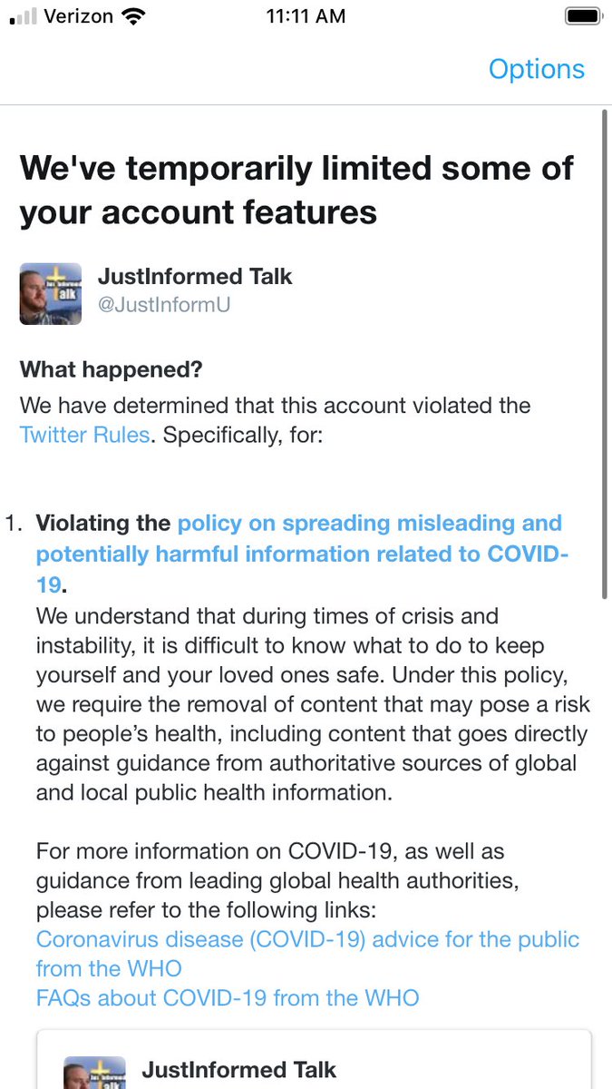 Perpetualmaniac's tweet photo. . @JustInformU has been locked out of his account for sharing that viral clip of the Doctors talking about HCQ:

#stopbitburning, @jack https://t.co/6qjHOTQo5I