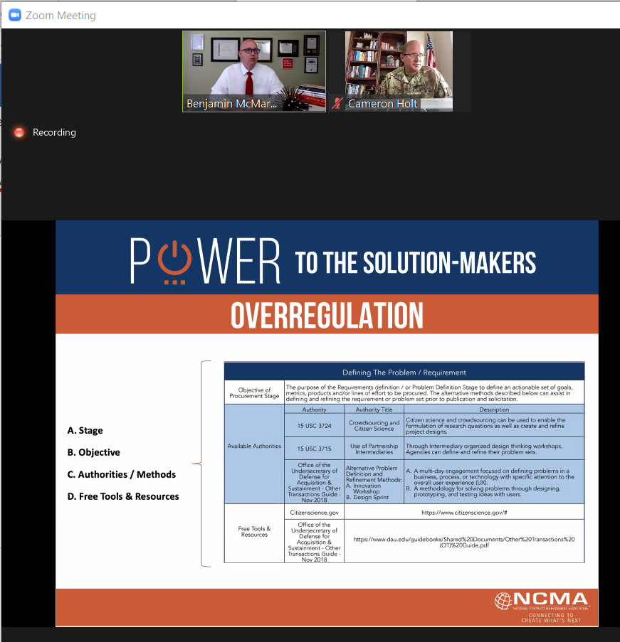 NCMA's tweet photo. @BEN_MCMARTIN and his team of solution-makers gave us this tool to mitigate overregulation. The complete tool can be found on our Acquisition Innovation Hub! https://t.co/nReoRQGYiZ #VirtualWC20 #NCMA #P2SM https://t.co/hHyallDj6s