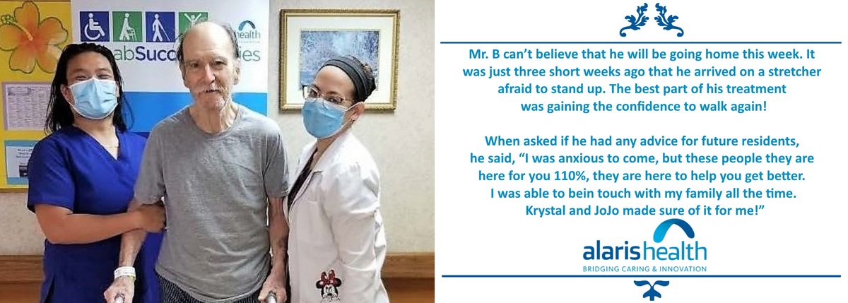 Alaris_Health's tweet photo. #HomewardBoundHeroes:
Mr. B can’t believe that he will be going home this week. It was just three short weeks ago that he arrived on a stretcher afraid to stand up. The best part of his treatment was gaining the confidence to walk again!
#AlarisHealth #WeCare https://t.co/RBRz25fTxc