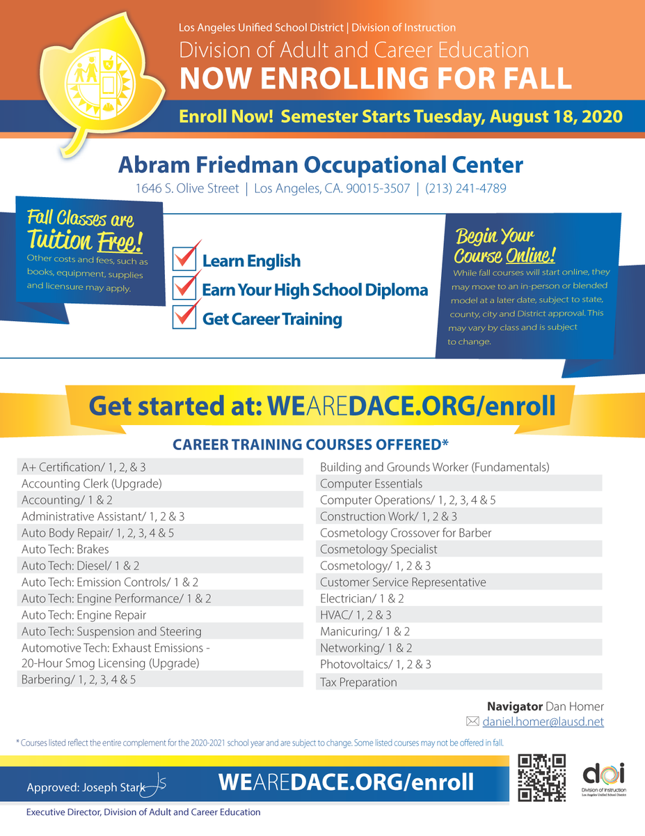 LAUSDAdultEd's tweet photo. Learn English. Earn Your High School Diploma. Get Career Training. - Fall classes are tuition free!
#FallEnrollment
#WeAreDACE
https://t.co/l8aYBruj3x https://t.co/D5zYjeMLeL https://t.co/SECv9BkhL2