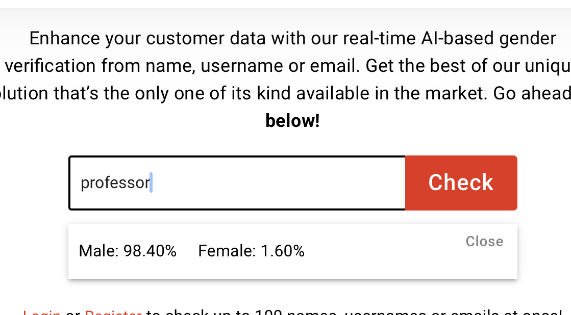 "professor" yields male 98.40% and female 1.60%