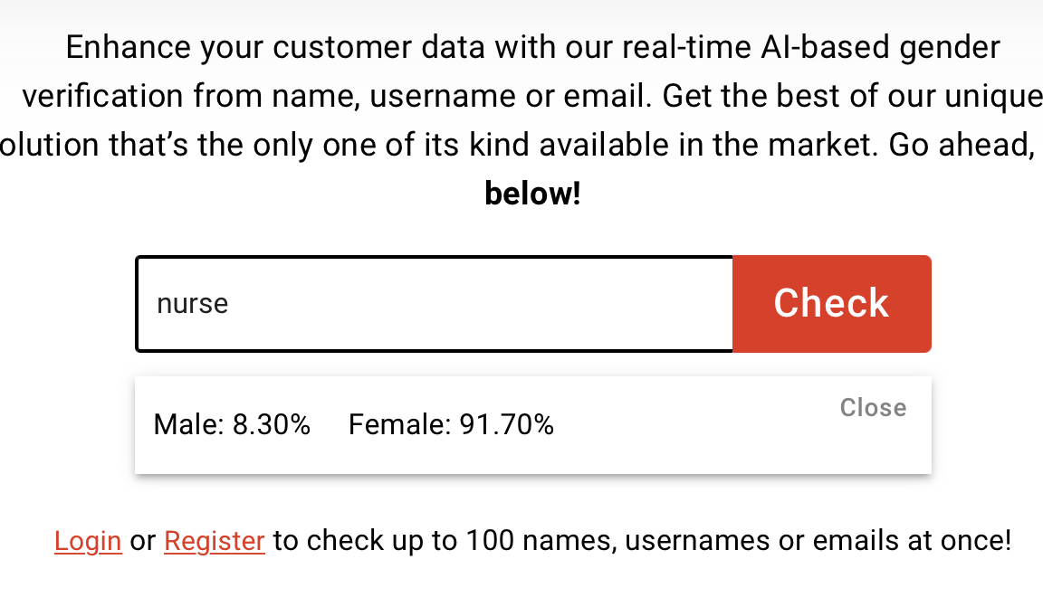"nurse" yields male: 8.30% and female 91.70%