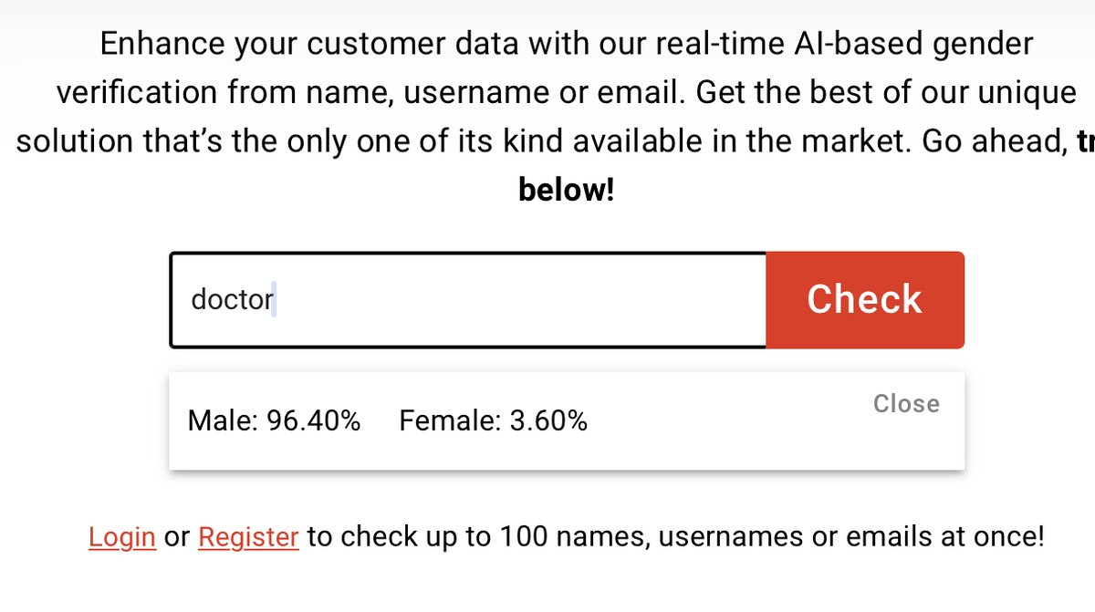 "doctor" yields male 96.40% and female 3.60%