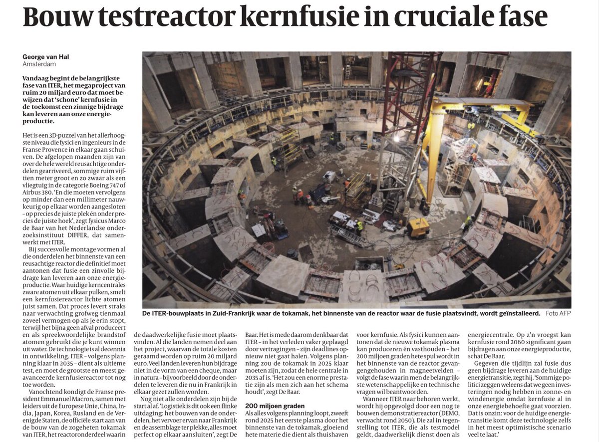 Frankrijk gaat een eerste kernfusie reactor bouwen die 2035 klaar is. Dit is nog een testreactor, de operationele versie staat voor 2050 gepland. Kernfusie is de toekomst van onze energievoorziening.