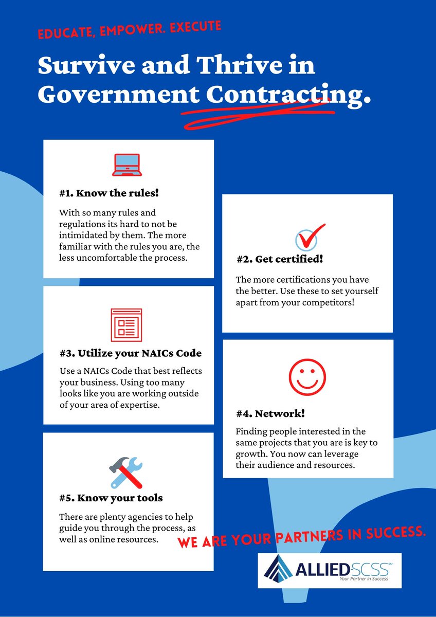 AlliedScss's tweet photo. Here are 5 of our Government Contracting tips to help you succeed! We are your partners in success!
.
.
.
.
.
#alliedscss #geteducated #getempowered #thenexecute #dallas #smallbusiness #smallbiz #governmentcontracting #millions #entrepreneur #female #five #tips #tuesday https://t.co/1Yf7GFWo4V