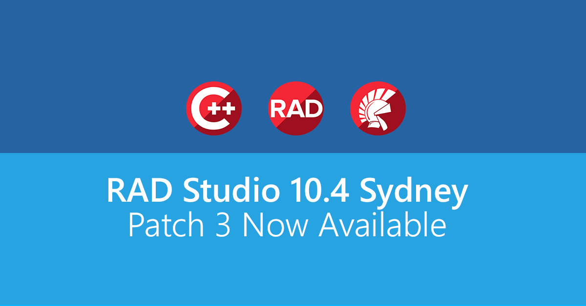 EmbarcaderoTech's tweet photo. RAD Studio 10.4 Patch 3 is out: VCL Grids, C++ Win64 Debugging, and C++ Android Exception Handling and Resources. Check out the installation instructions here: https://t.co/GFUUhumez1 #RAD104 #Patch3 https://t.co/ICKVNRVVqI