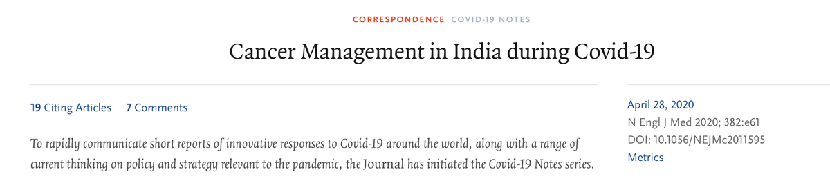 ramai23's tweet photo. Congratulations to @cspramesh &amp; team on impressive work to maintain cancer services in India during the COVID-19 pandemic. Employing the principles of #ChoosingWiselyIndia &amp; #shareddecisionmaking - lessons for all. 

#5minuteread -www.nejm.org/doi/full/10.1056/NEJMc2011595 https://t.co/hVMUjWxksf
