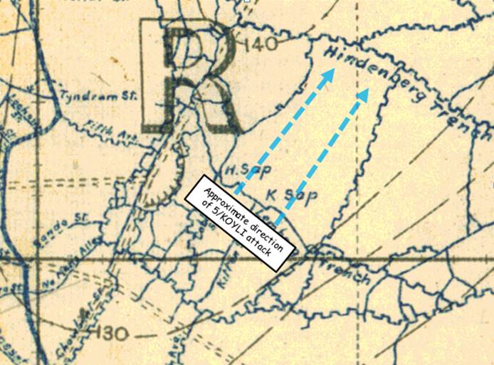 In spite of a heavy German mortar barrage that had hit the KOYLI’s trenches that night, at 8am on 28 July men from B Company went over the top attacking towards Hindenburg Trench.