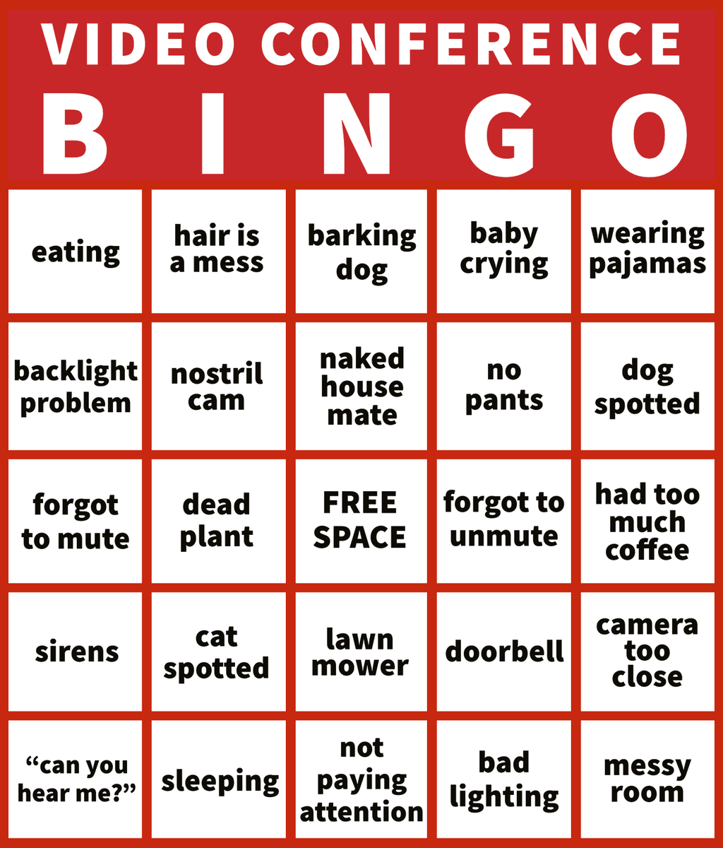 carnitos's tweet photo. In case you're bored on a #zoom or other #videoconferencing call. I created a #bingo game. #conferencecall #bored #WFH #workingfromhome https://t.co/HqSTHTWThG