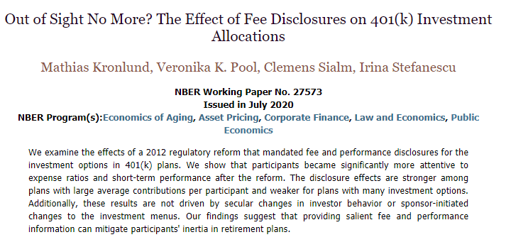 NBER (@nberpubs) on Twitter photo Investors in 401(k) plans become more sensitive to fund expenses and short-term performance after the 2012 fund disclosure reform, from Mathias Kronlund, Veronika K. Pool, <a href="/csialm/">Clemens Sialm</a>, and Irina Stefanescu
nber.org/papers/w27573 Investors in 401(k) plans become more sensitive to fund expenses and short-term performance after the 2012 fund disclosure reform, from Mathias Kronlund, Veronika K. Pool, <a href="/csialm/">Clemens Sialm</a>, and Irina Stefanescu
nber.org/papers/w27573