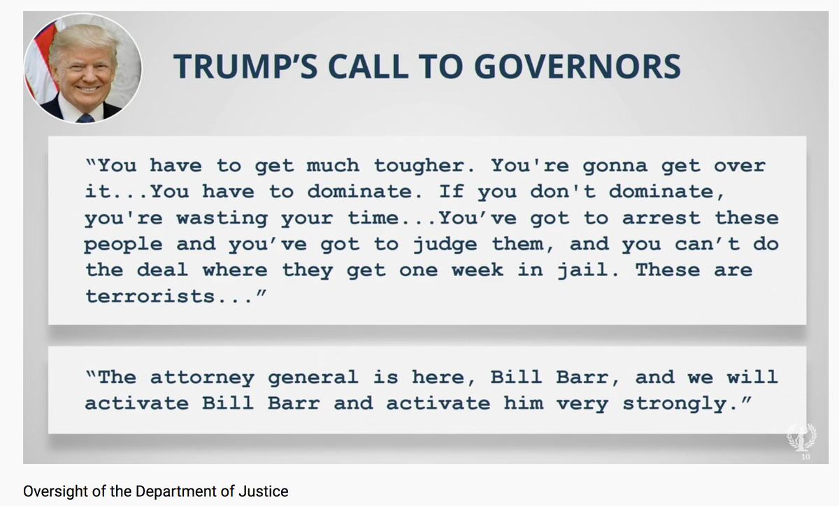 This is SO GOOD. Jayapal shows this slide about how Trump "activated" Barr to dominate peaceful protesters who oppose the president.162/
