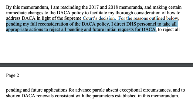 2/ #SCOTUS gave Trump a clear roadmap. Everyone agrees he can end  #DACA / modify, but he needs to go through a legal process that SCOTUS outlined. He refuses. Instead he issues a memo saying he's "considering" what to do about DACA and in the meantime defying the federal courts.